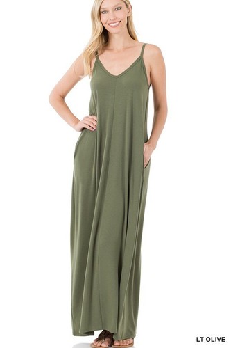 Women Spaghetti Strap V-Neck CAMI MAXI DRESS WITH SIDE POCKETS Flowing Long S-XL - Picture 14 of 16
