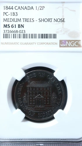 PC-1B3 NGC MS-61 Halfpenny 1844 token Province of du Canada Montreal Breton 527