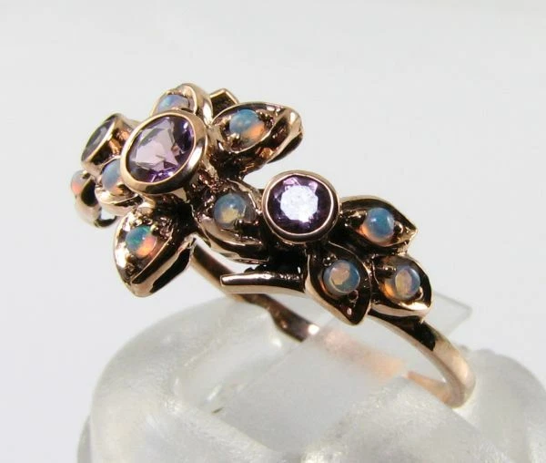 Anillo Cluster Art Déco 9CT Oro Rosa 9K Turmalina Rosa Ópalo