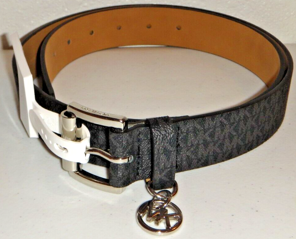 Michael Kors Womens Black Monogram Logo Belt Silver Buckle MK Charm 553559C Prep Michael Kors Women main image 2