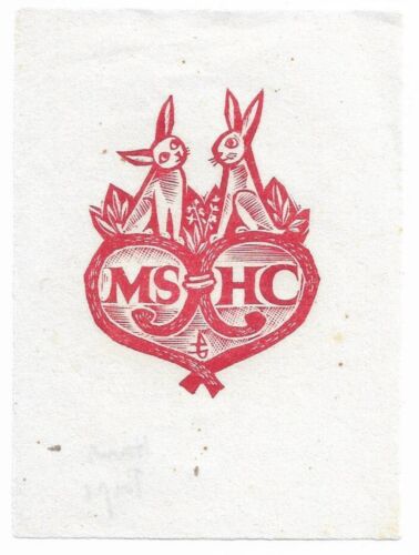 HANS PAPE: Exlibris für MS u. HC; Hasen auf Herz - Bild 1 von 1