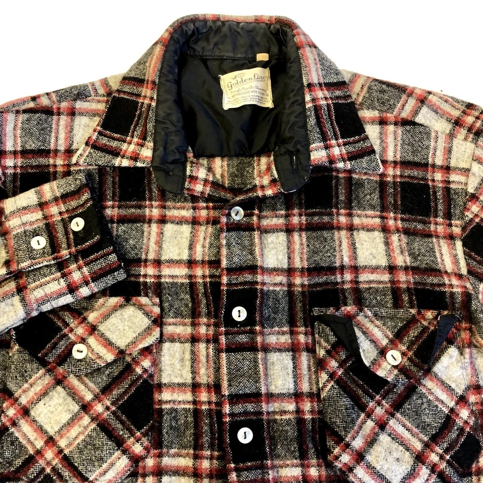 Camisa de Lana ROCKABILLY Franela a Cuadros Negra Roja Línea Dorada Años 60 De Colección M Foto 2 de 4