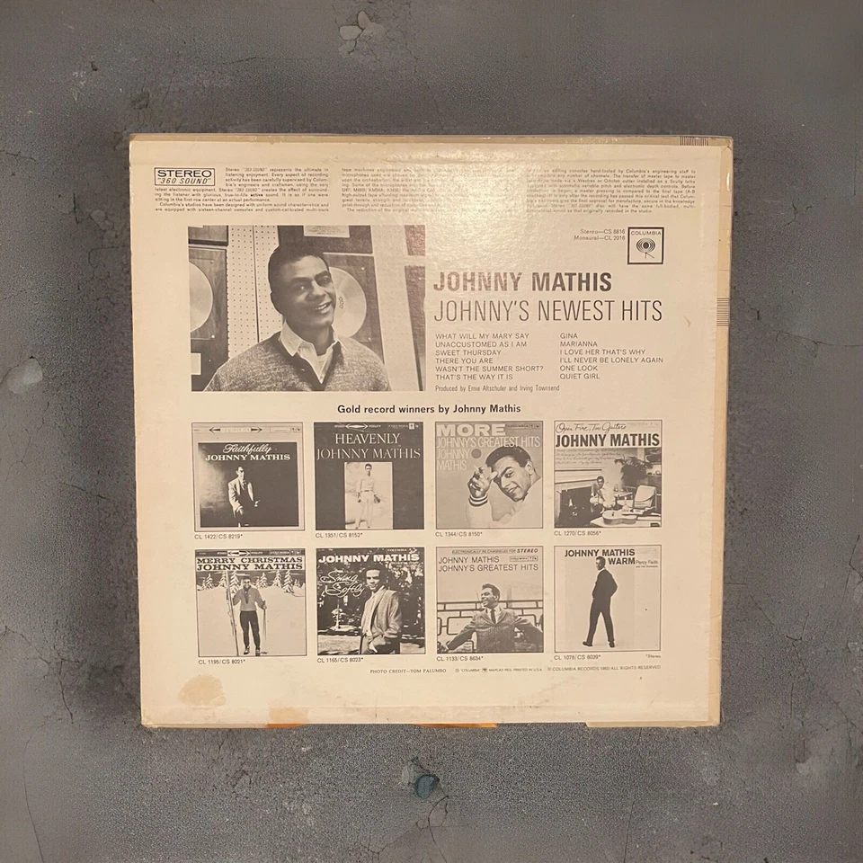 Johnny Mathis Johnny's Newest Hits Vinyl Record LP Columbia ‎– CS 8816 Classic  - Image 3 of 4
