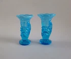Vintage Fenton Art Glass Mini Hand Vase Set Of 2 Blue Opalescent
