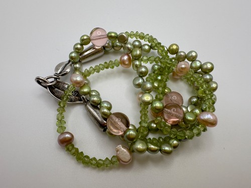 Sterling Silver Baroque Pearl Necklace Green Pink Nature Spring Easter Jewelry - Picture 15 of 16