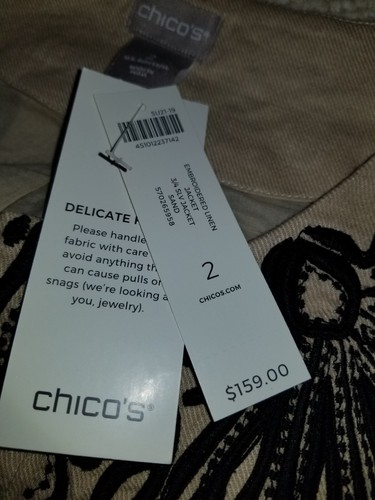 NWT $159 Womens Jacket-CHICO'S-tan/black embroidered BOHO linen open-2 (10/12) - Picture 5 of 6