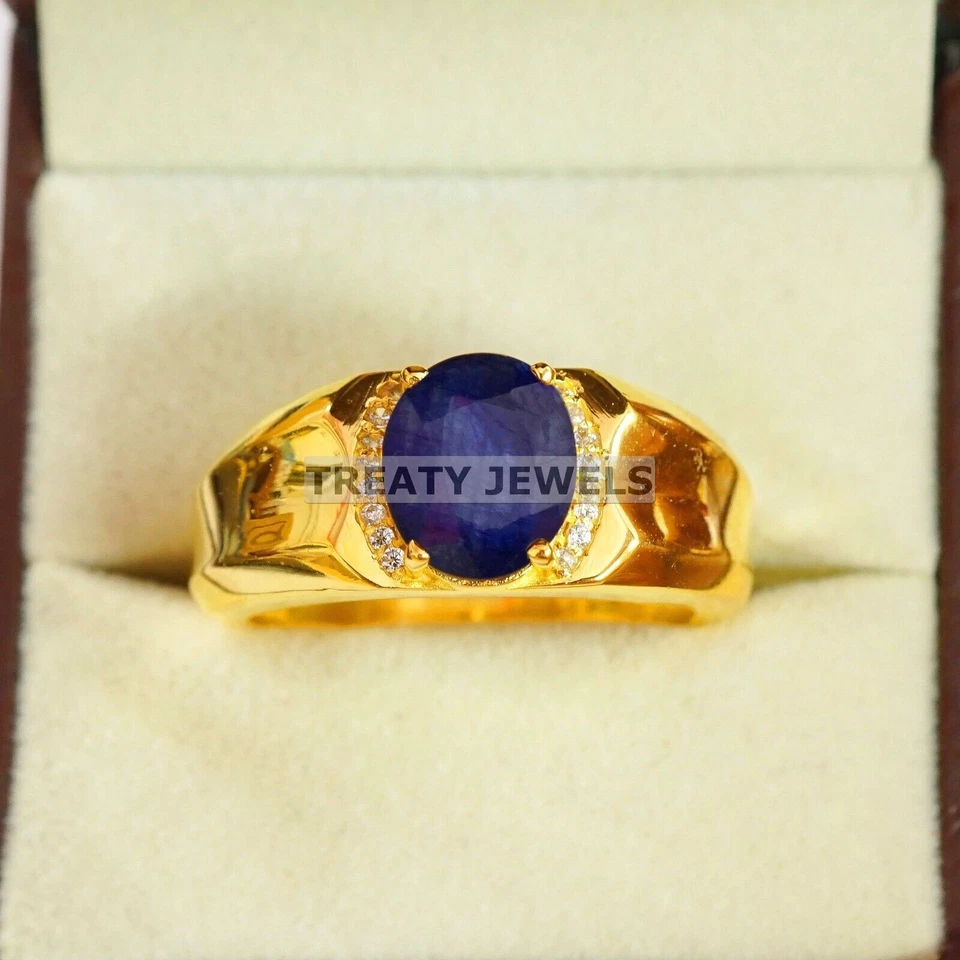 Zafiro azul corte ovalado con anillo chapado en oro de plata de ley 925 para hombre #B585 Foto 2 de 4