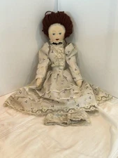 Vintage Handmade Folk Art Rag Doll w/Hand-Painted Face in Victorian-Style Dress