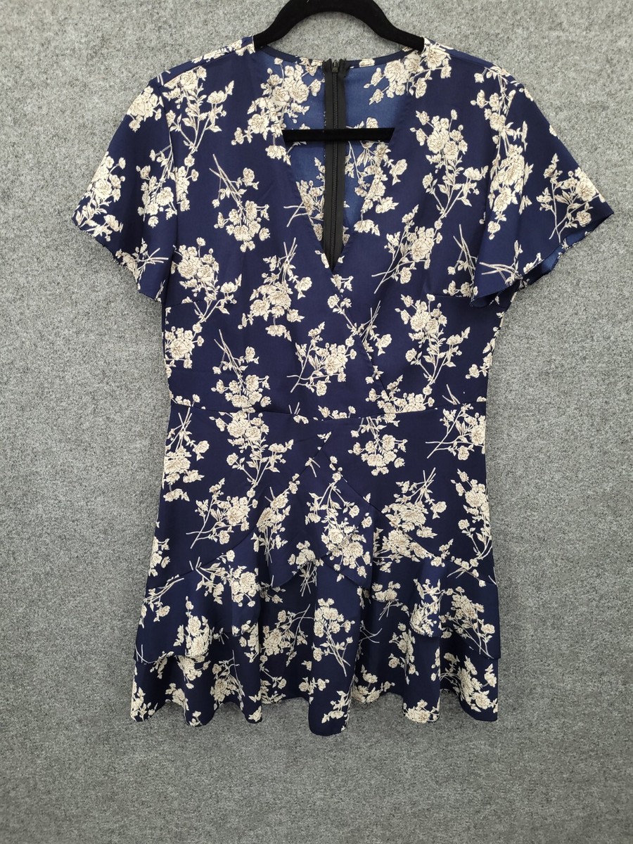 Fit & Flare Mini Dress Women's Size Small Short Sleeve V-Neck Zip Blue  Floral