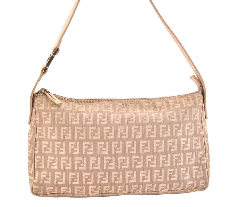 Authentic FENDI Zucchino Shoulder Hand Bag Purse Canvas Leather Beige 8155K