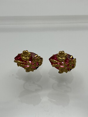 MIRIAM HASKELL CLIP EARRINGS PINK RHINESTONES FLORAL OVERLAY VINTAGE- Signed