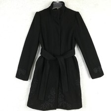 Merona Womens Coat Wool Blend Trench Military Black Embroidered Floral Button S