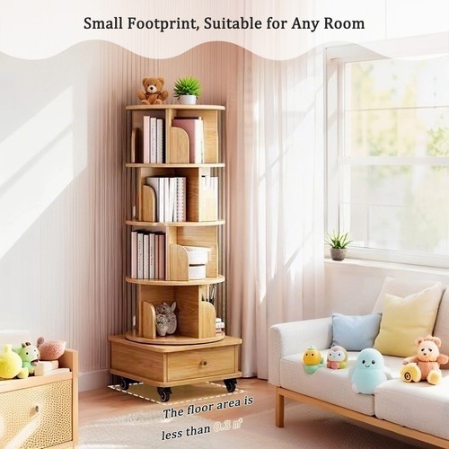5 Tier Rotating Bookshelf, 360° Display Round Spinning Bookshelf with Wheels - Picture 8 of 10