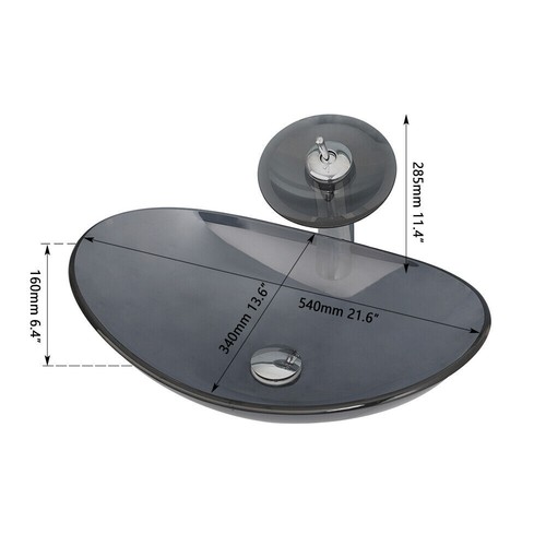 Oval Bathroom Vessel Sink Tempered Glass Washing Bowl Dekc Mounted Tap Set Drain - Picture 2 of 7
