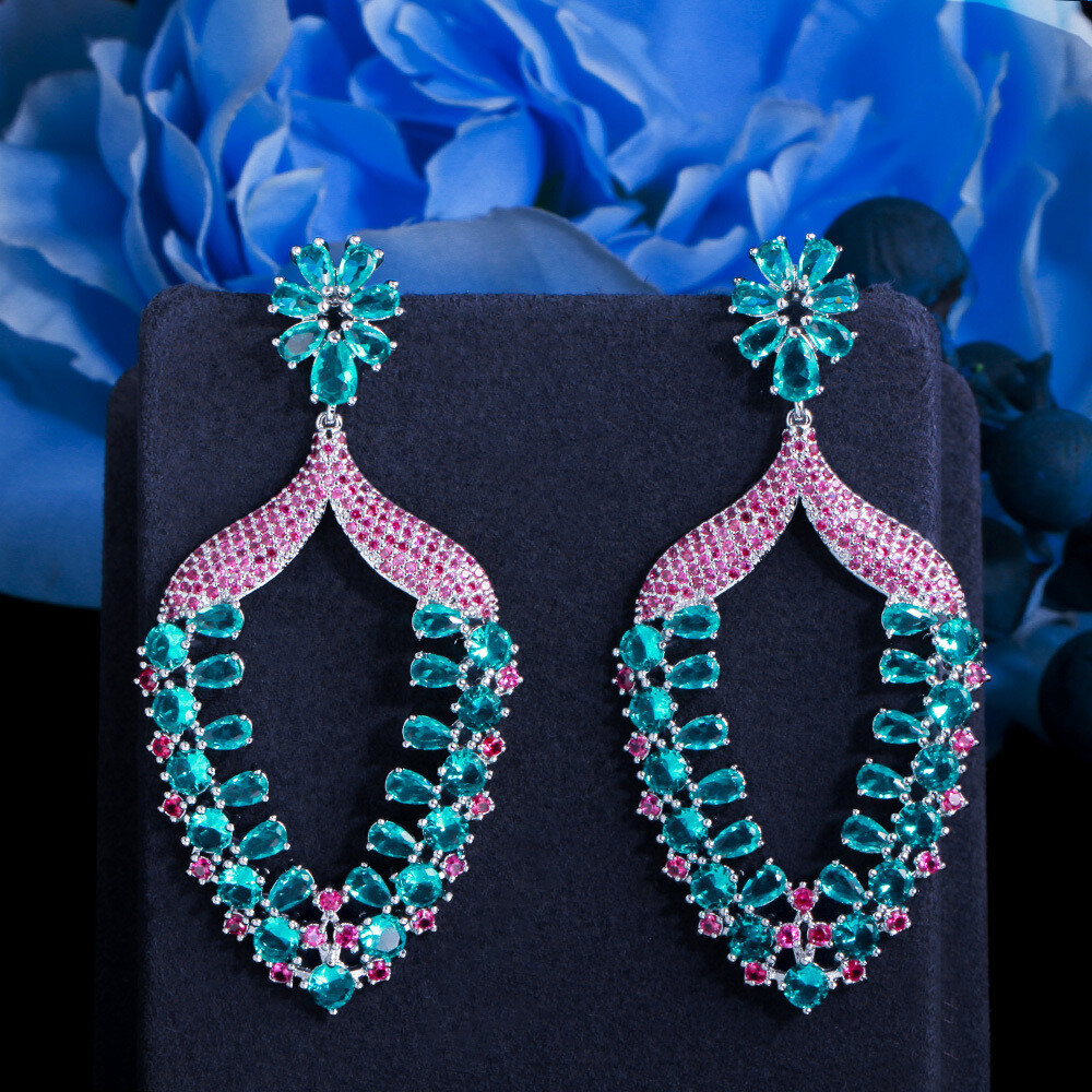 Women Big Statement Earrings Long Drop Dangle Zircon Party Silver Plated Jewelry