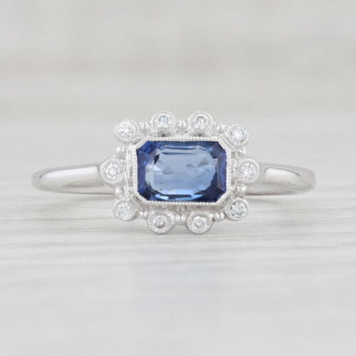 Nuevo 0.81ctw Zafiro Azul Blanco Anillo Diamante Halo 14k Oro 6.5 Compromiso - Imagen 2 de 8