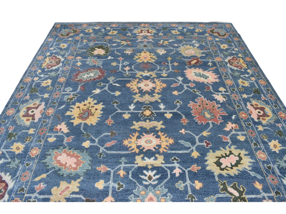 Oriental Navy Blue Oushak Style Area Rug 8x10 Ft Floral Living Room Wool Carpet - Image 4 of 4