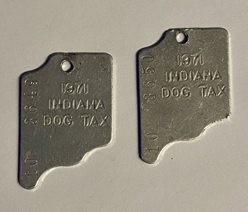 2 Vintage 1971 Indiana Dog Tax Tags mit fortlaufenden Nummern - Bild 1 von 6