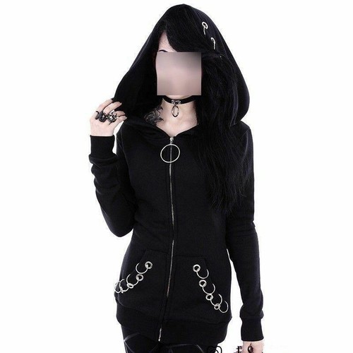 Mujer Sudadera con Capucha Gótico Punk Con Anillos Negro Informal Sudadera Cremallera Chaqueta Abrigo - Imagen 1 de 6
