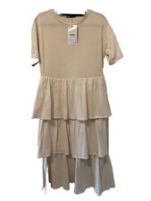 Zara Womens Combination Tiered Midi Dress S Ivory Tan Layered Smocked NWT