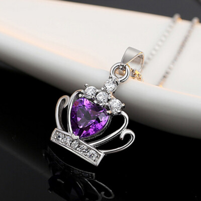 women 925 Sterling Silver purple Crystal amethyst crown Pendant Necklace Chain
