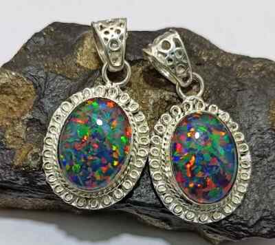 50.60 Ct+ Natural 925 Silver Multi Fire Opal Doublet Pendant Gems Matching 2 Pcs