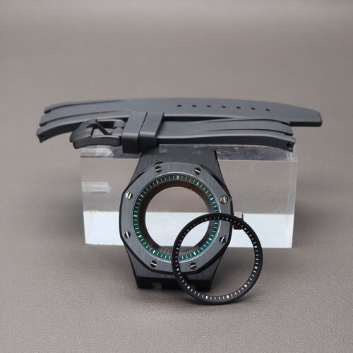 41mm Watch Case+Rubber Bracelets PVD Black Electroplating Fit Nh35 Nh38 Movement - Picture 3 of 18