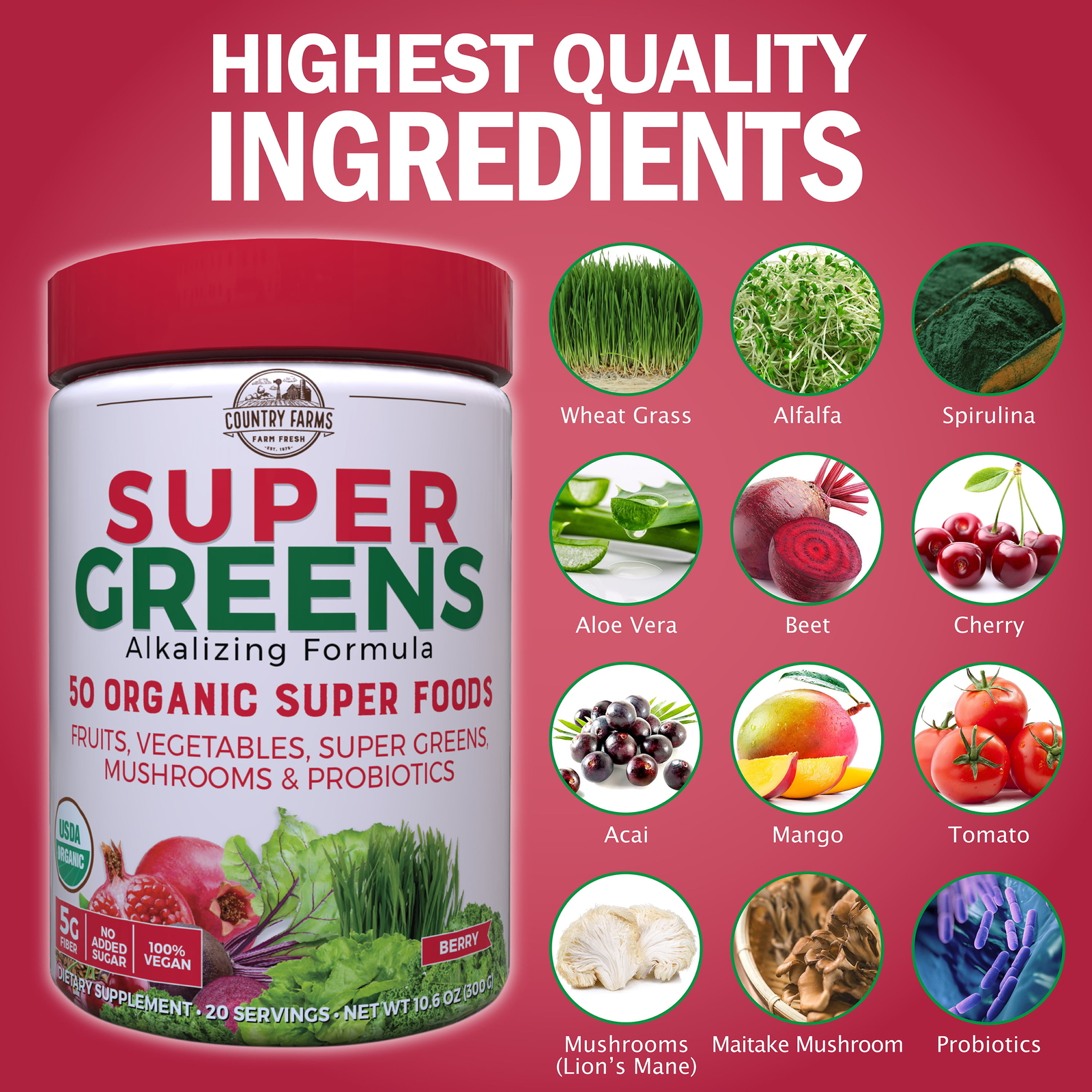 Country Farms Super Greens Drink Mix, Berry Flavor, 10.6 oz 20 Servings