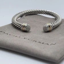 David Yurman Sterling Silver 7mm Cable Cuff Bracelet Diamonds Tips & 18k Gold