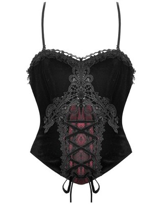 Dark In Love Damen Gothic Vampir Samt Spitze Applikation Korsett Top Schwarz Rot