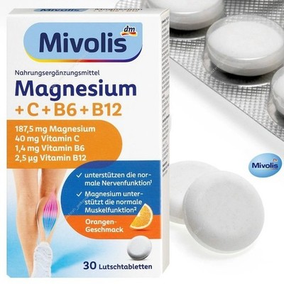 3x Mivolis Magnesium with Vitamins C, B6, B12 Lozenges   3 Pack /3 x 30 Lozenges