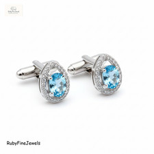 925 Sterling Silver Blue Topaz Teardrop Halo Cufflinks for Men Luxury Wedding