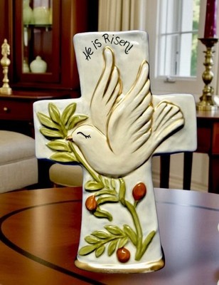 Blue Sky Clayworks HE IS RISEN! Easter Cross W Dove Figurine NEW Auth Retailer