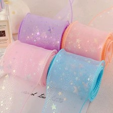 2.3" x 5 Yards Pastel Sheer Organza Ribbon, Wire-edged Star Print Craft Ribbon