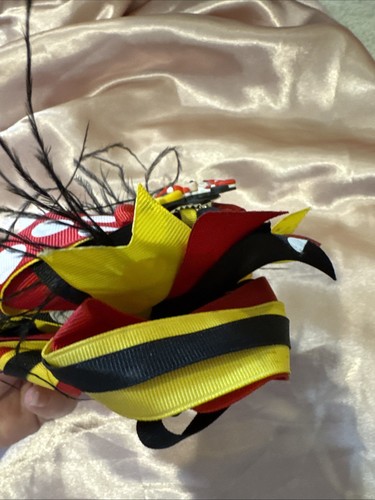 Custom Minnie Mouse Black Red Yellow Hair Bow With Feather On Clip - Picture 12 of 13