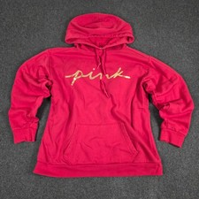 Victoria's Secret PINK Large Red Hoodie Gold Script Logo Pullover Sweatshirt