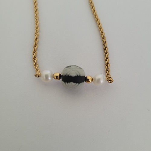Wedgwood Bracelet Black Jasperwear Floral Pearl Gold Ton With Box - 第 4/8 張圖片
