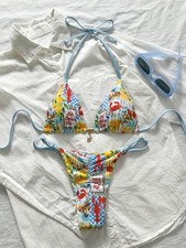 Swim Mod Multicolor Fabric Tropical Halter Bikini Set Knot Tie Side Short