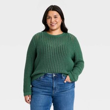 Universal Thread Women Crochet Openwork Crewneck Knit Sweater - Green