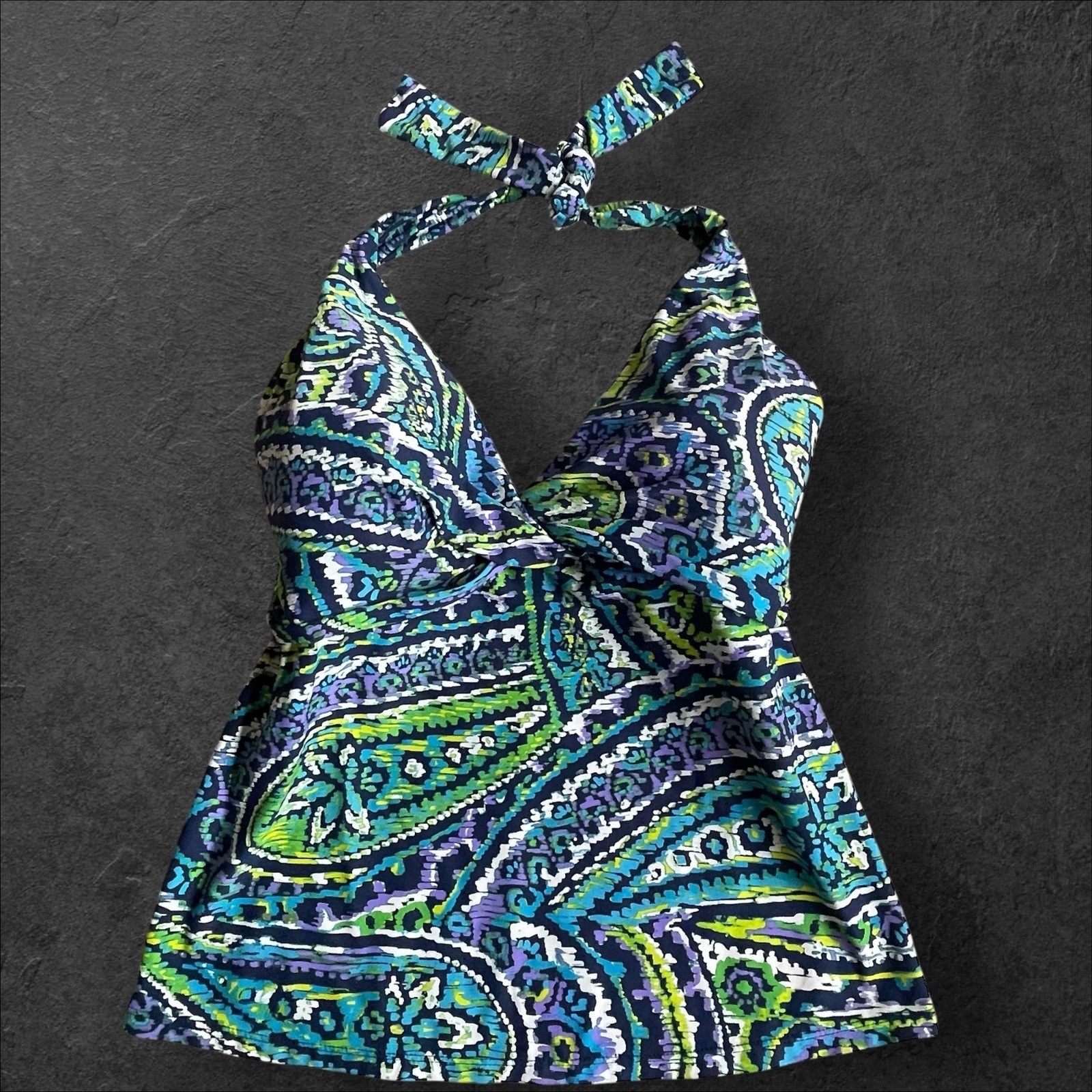 Lauren Ralph Lauren Paisley Halter Tankini Swim Top 8 Twist Front Blue Green