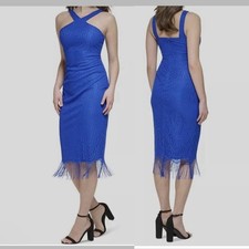 Guess Women's Blue Fringe-Lace Sleeveless Midi Sheath Dress Size 0  | NWT | D2