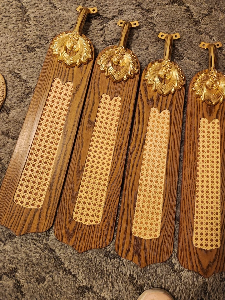 4 Piece Set, Wicker Ceiling Fan Blades Rattan Cane Faux Wood with gold Brackets - Image 3 of 4