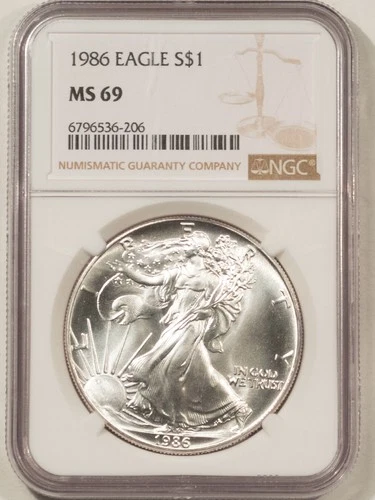 1986 $1 AMERICAN SILVER EAGLE, 1 OZ .999 - NGC MS-69, FIRST YEAR!