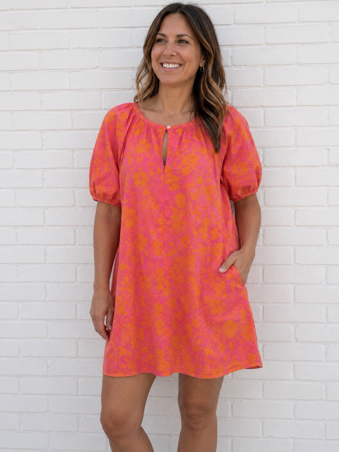 Free Assembly Cotton Shift Mini Dress Pink Orange Floral Size Large Boho Retro