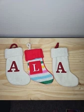 Lot of 3 Mini Christmas Stockings Knit Fabric Red Green White Decor 8"