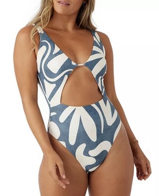 O'Neill Beach Hut Geo-Print Cut-Out One-Piece Swimsuit, White/Slate, XL, $79.50