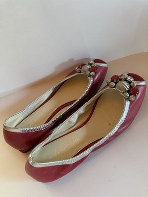 Via Spiga Italian Women s Size 6 M  Peep Toe Fsch Leather Beaded Ballerina Flats
