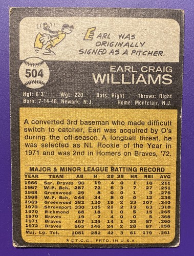 Earl Williams - Orioles 1973 #504 Topps Baseball Card - Very Good - Picture 2 of 2
