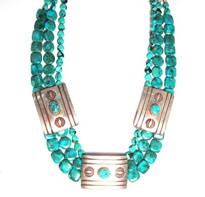 Necklace, 3 strands of high quality natural undyed turquoise, sterling silver