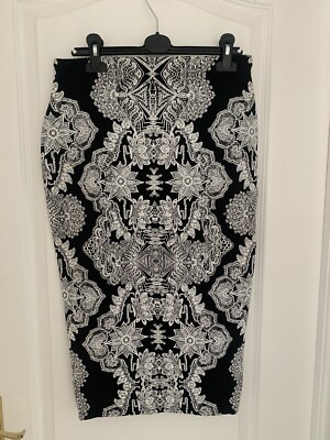 New River Island Black White Mono Pencil Stretch Skirt UK